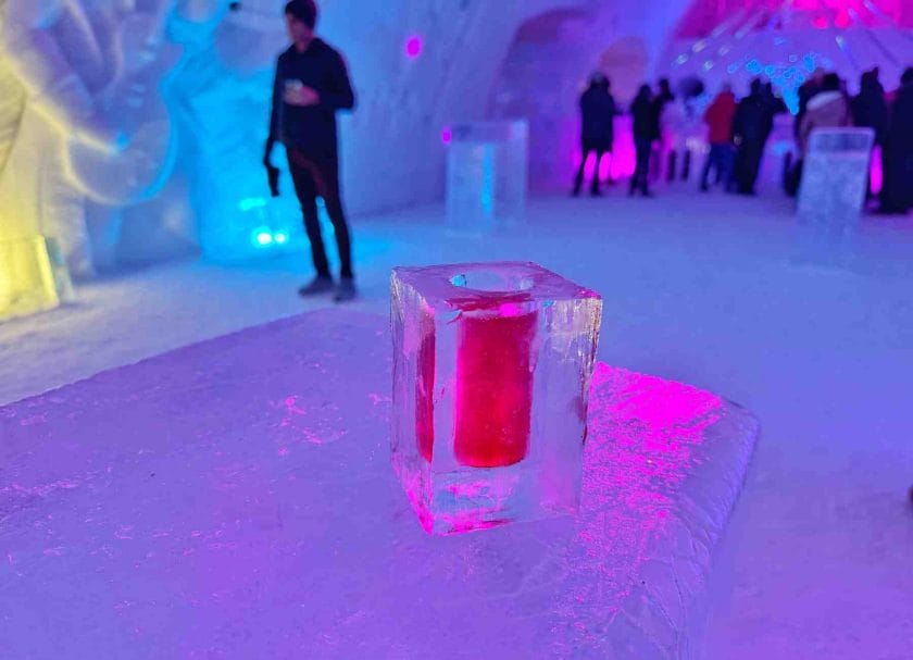 Ice drink in a handmade ice cup at the Ice Hotel in Quebec City.