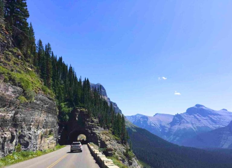A car driving the Going To The Sun Road