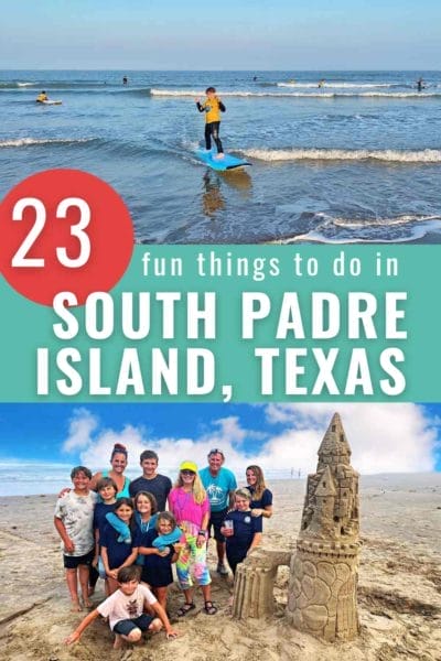 South Padre Island pin with picture of kid surfing and family next to a sand castle they built. 